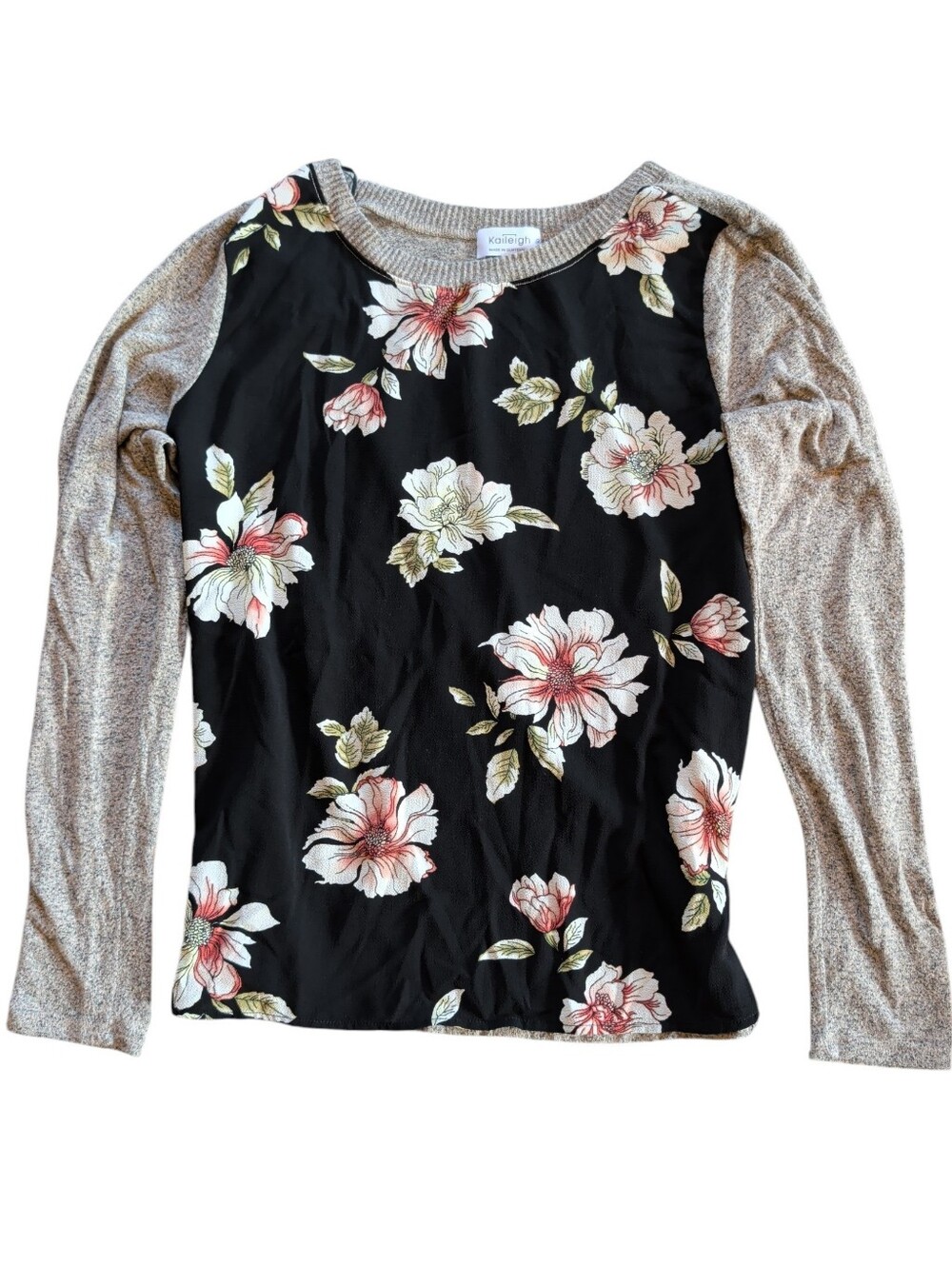 Kaileigh Black Floral Raglan Top with Beige Sleeves (#D215)